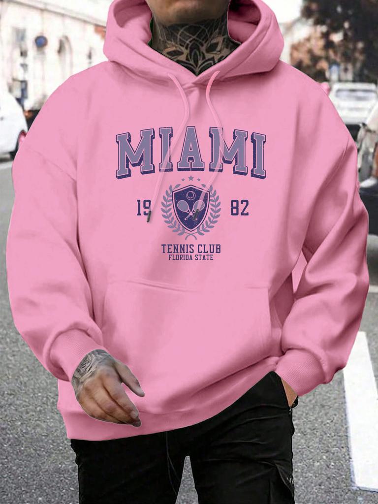 Miami 1982 Letter Print Pullover Men'S Fashion Quality Hooded Warm Casual Hoody Man Simple Loose Tops