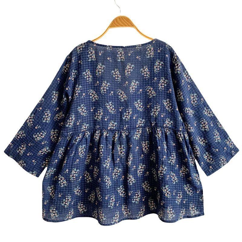 Johnature Damen Frühlingsdruck V-Ausschnitt Lässiges Vintage T-Shirt Mode Vintage Chinesischer Stil Retro T-Shirt
