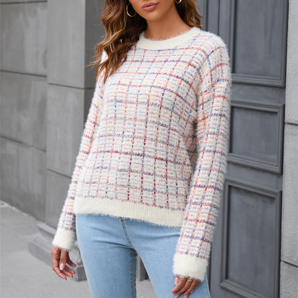 

GMXIA женские модные повседневные клетчатые принты осень-зима с длинными рукавами и круглым вырезом свободные свитера L абрикосовый