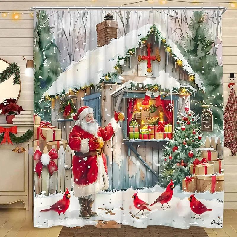 Vánoční sprchový závěs Santa Claus Vánoční strom Kočka Pes Zima Zasněžený Sněhová vločka Domov Polyesterová tkanina Koupelnová dekorace Závěsy