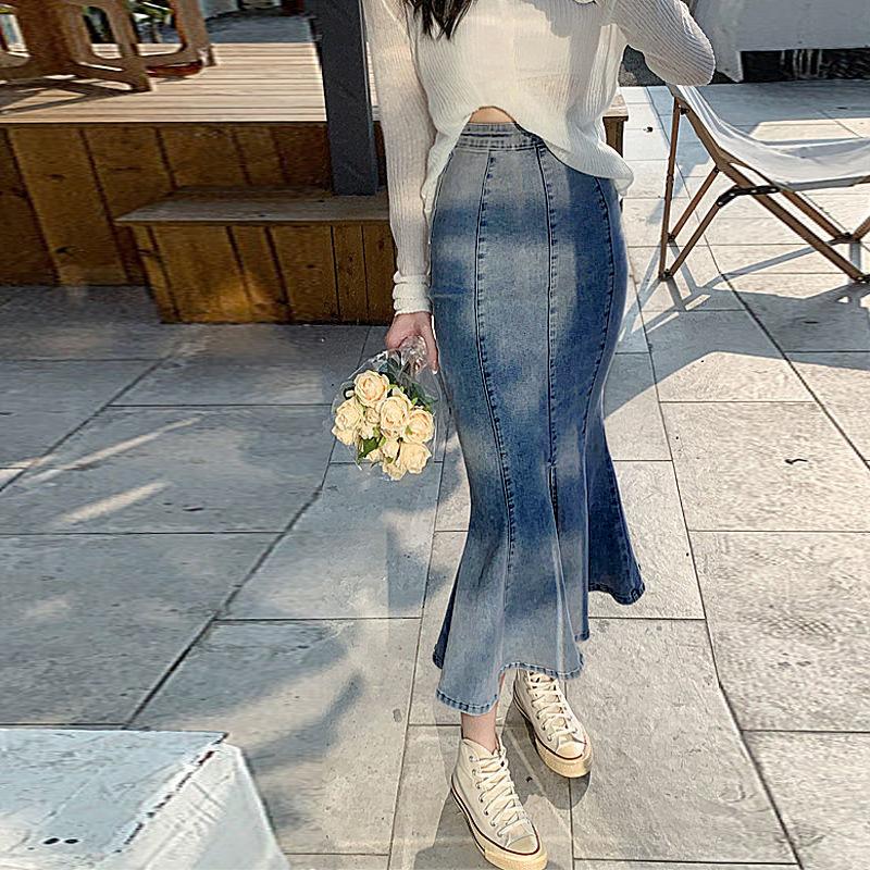 

Эластичная женская летняя юбка-трапеция с высокой талией, открытая юбка-трапеция, тонкая узкая юбка-рыбий хвост, универсальная удобная модная джинсовая юбка-бюстье M