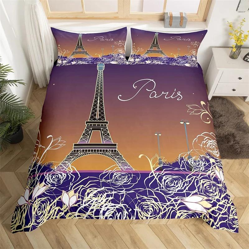 Paris Eiffel Tower Duvet Cover Set Twin King Cherry Blossoms Comforter Cover Microfiber Romantic Theme Bedding Set For Girl Teen