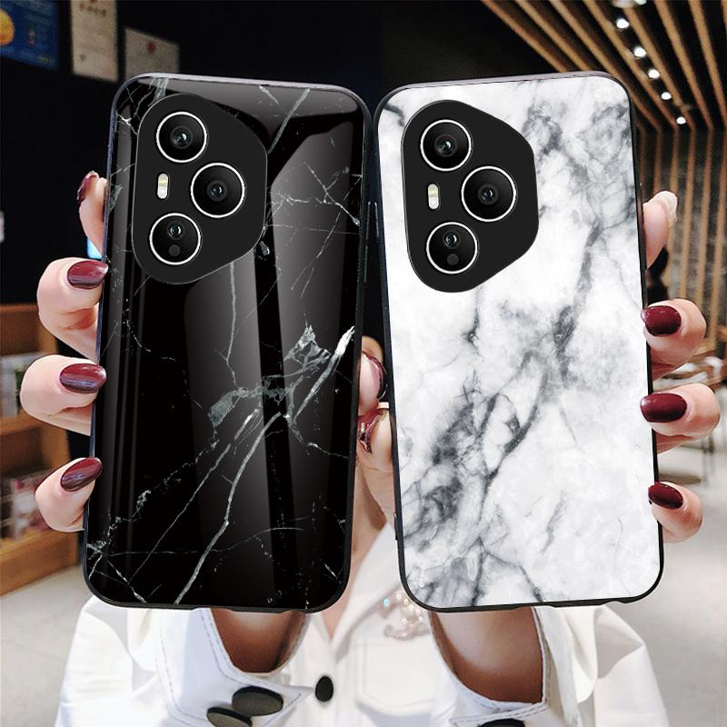 For Honor 400 Pro 5G (Global) Case Marble Pattern Tempered Glass+PC+TPU Protective Phone Cover