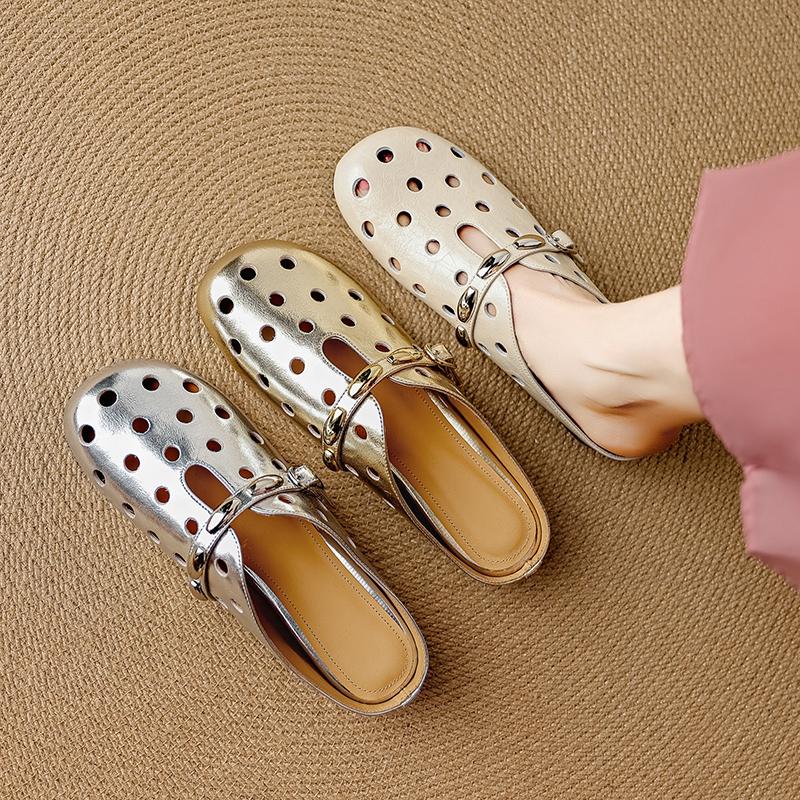 Fashion New Women's Genuine Leather Cowhide Breathable Perforated Metal Belt Buckle with a Middle Heel and Toe Cover, M Ü Ller Slippers