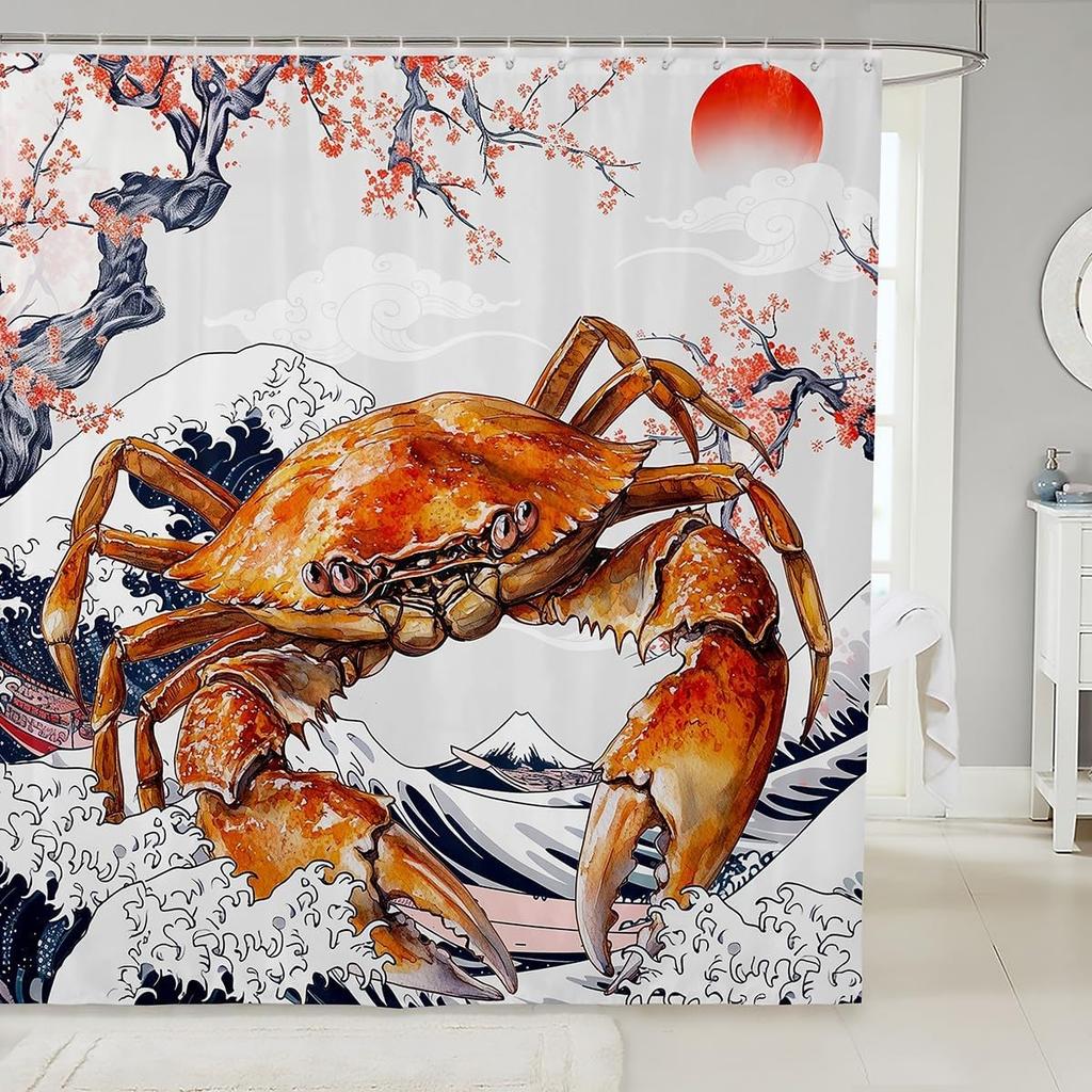 Cartoon Lion Shower Curtain for Kids Boys Girls Japanese Style Waterproof Bathroom Curtain, Vintage Ukiyoe Bath Curtain Ocean