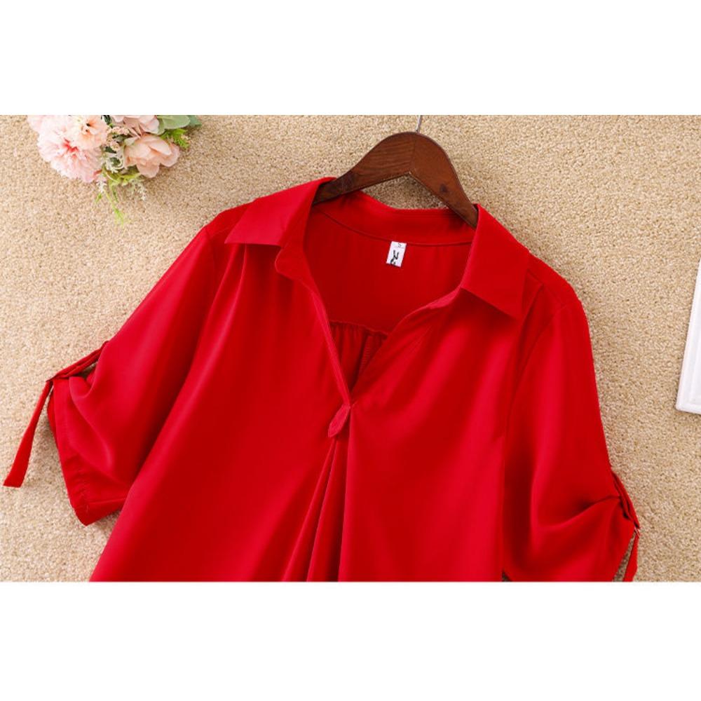 Women's Mid-Length Short Sleeve Chiffon Shirt Summer New Plus Size Loose Waist Slimming Chiffon Top