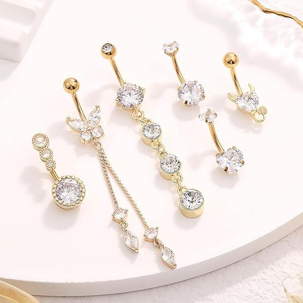 

3-9pcs/lot Gold Color Heart Butterfly Belly Button Rings Belly Piercing Sets Stainless Steel Dangled Flower Opal Navel Piercings