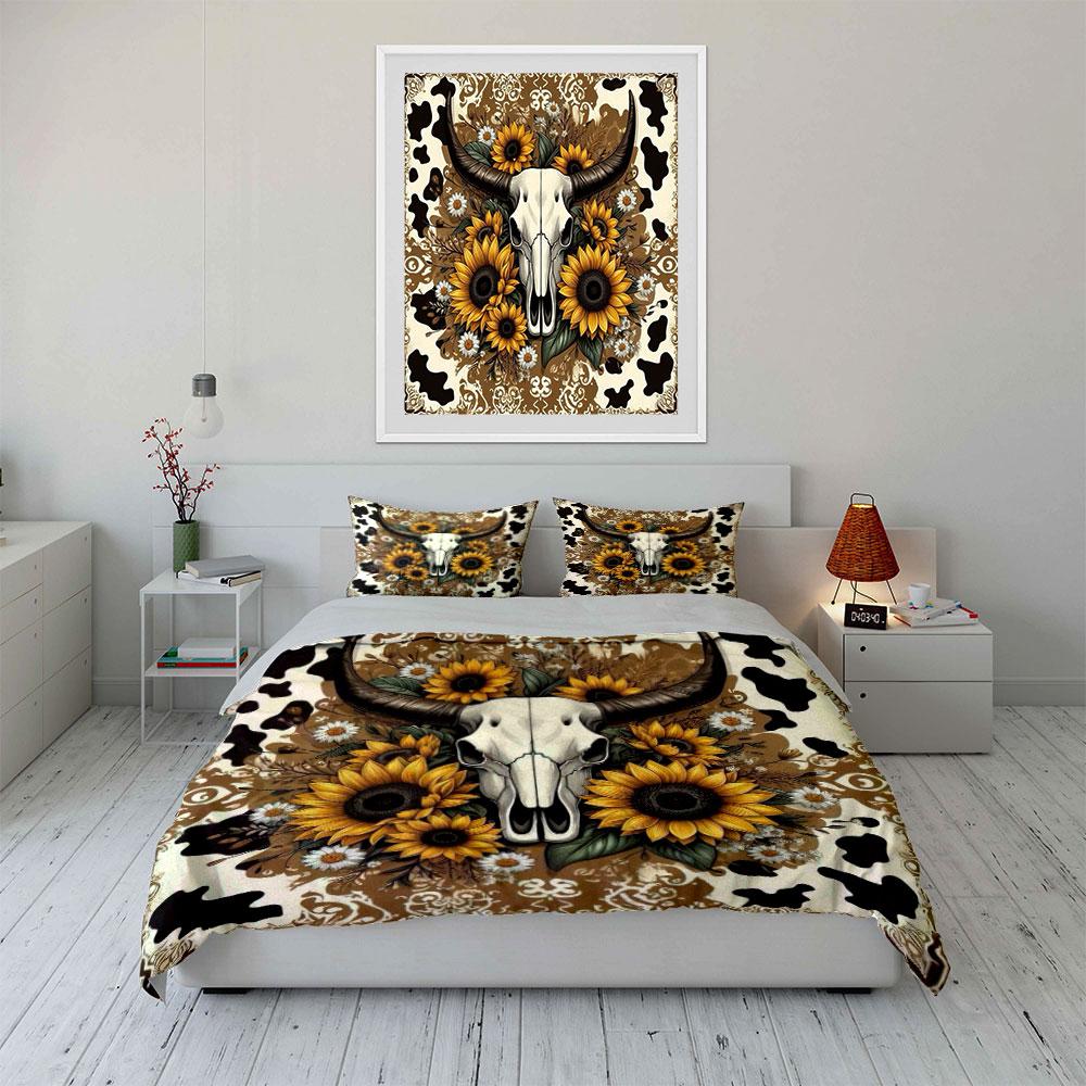 Cow Skull with Sunflowers Set Bedding Duvet Cover Set Duvet Cover Pillowcases (1 * Duvet Cover 2 * Pillowcases, Without Duvet Insert)