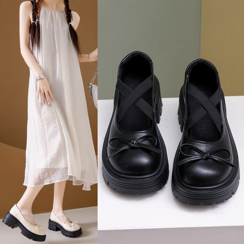 Silver  Platform Pumps  2025 Autumn Bowtie Crossed Straps  Jane Shoes Woman Pu Leather Thick Heeled Jk Shoes