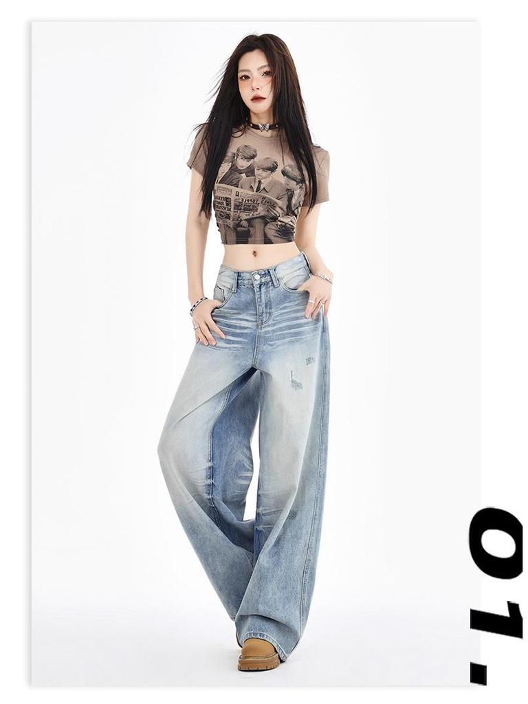 Women's Light Blue High-Waisted Ripped Straight-Leg Jeans - Street Style, Autumn/Winter, Loose Fit, Slimming Effect.