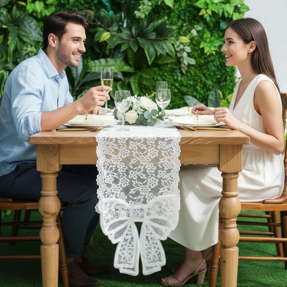 New White Lace Table Runner Floral Rectangle Table Flag Embroidered Semi-sheer Tablecloth Home Decor