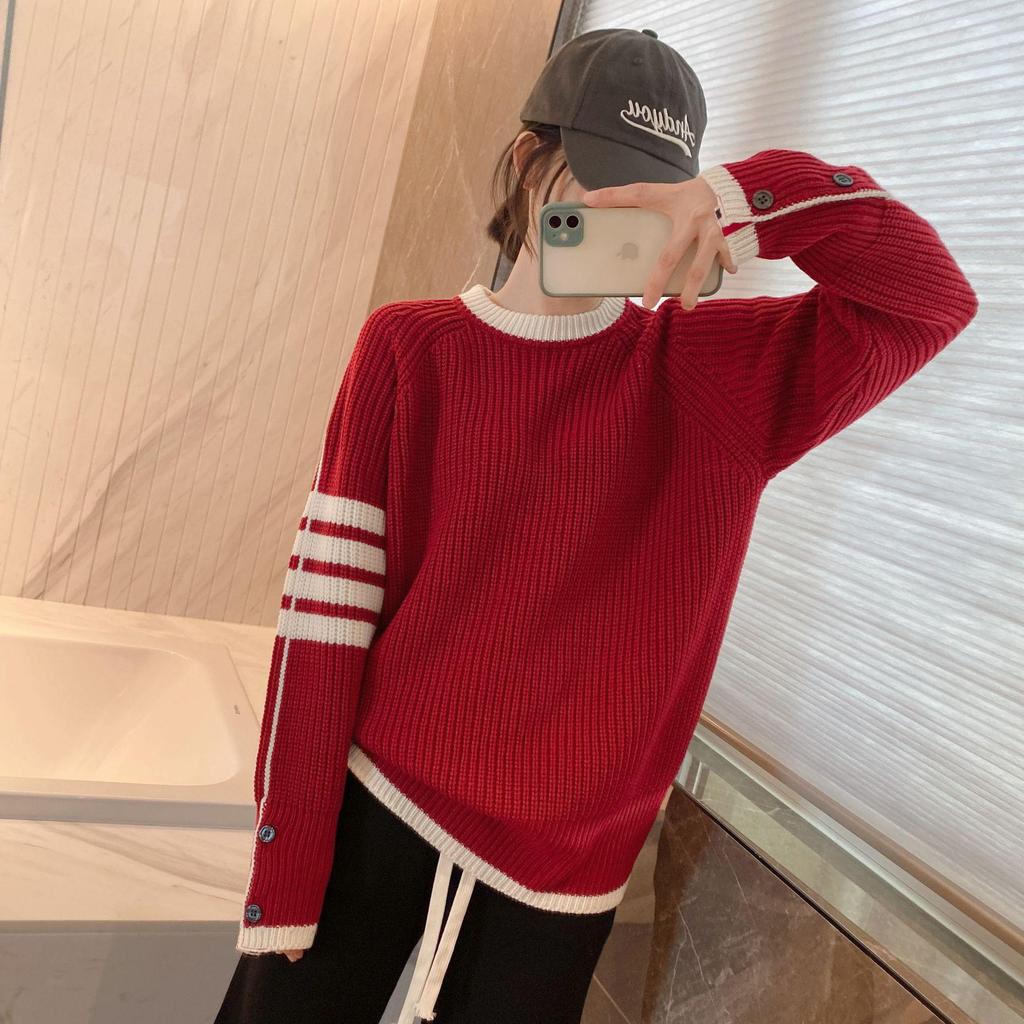 Women's Four-Bar Knit Sweatshirt: Casual Round Neck Pullover for Couples, Trendy Autumn Outerwear
