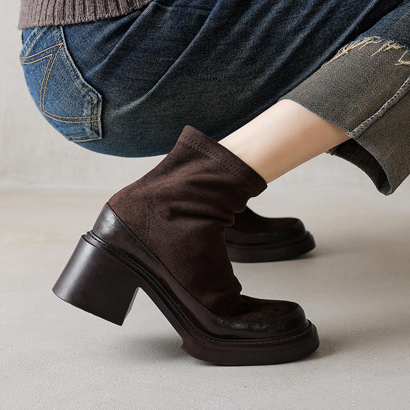

Мода 2024 Осень Женские Ботинки Женская Обувь Круглый Носок Массивный Каблук Современные Зимние Однотонные Полусапоги Ретро Кожа Высокий Каблук Обувь на Платформе 42