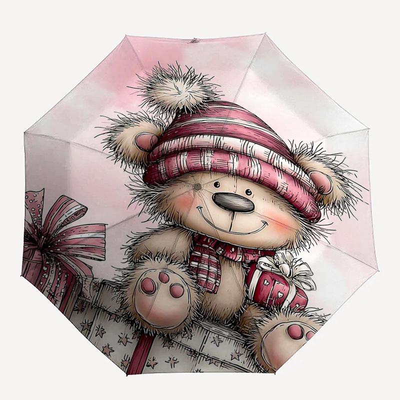 1pc Christmas Gift Winter Teddy Bear with Presents, Festive Decoration for Fans, Travelers, Daily Use, Auto Open Close Umbrella with 3-Fold Design and