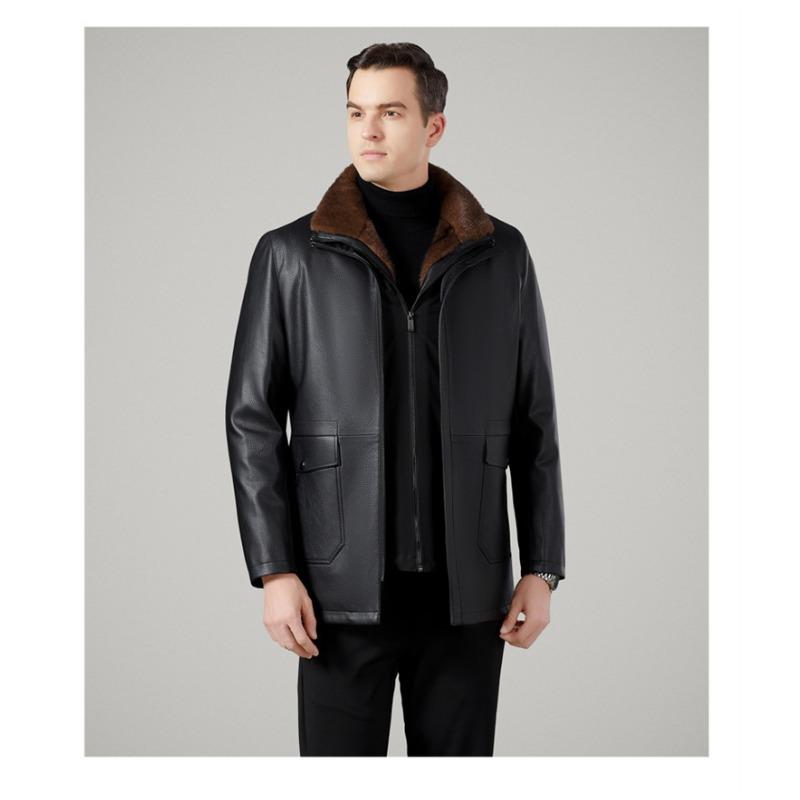 

Мужская куртка из натуральной кожи, мужская зимняя куртка из утолщенного бархата среднего возраста со съемной подкладкой, для холодной погоды, теплая куртка 195
