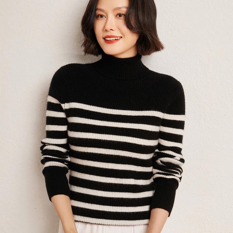 Lekasha Women's European-Style Cashmere Striped Knit Sweater - Long-Sleeved Autumn/Winter Pullover