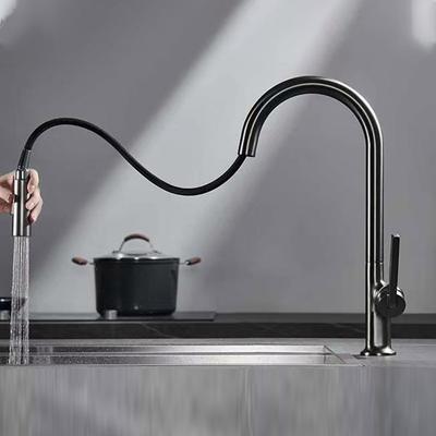 Grey/Brushed Gold/Black Kitchen Sink Faucet Pull Out 360 Degree Rotation Hot Cold Water Mixer Tap Single Hole Single Handle