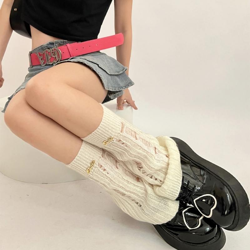Girl Lolitas Leg Warmers Y2K Destroyed Knitted Flared Leg Sleeve Goth Baggy Cuffs Ankle Heap Socks JK Uniform Foot Cover