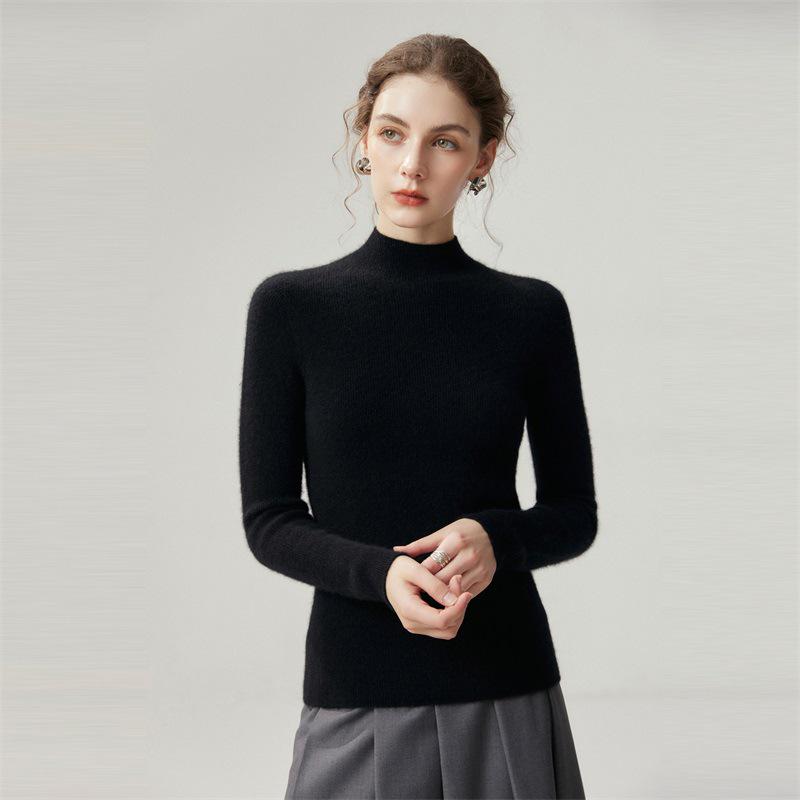 Pure Cashmere Ribbed Half-High Collar Knit Top