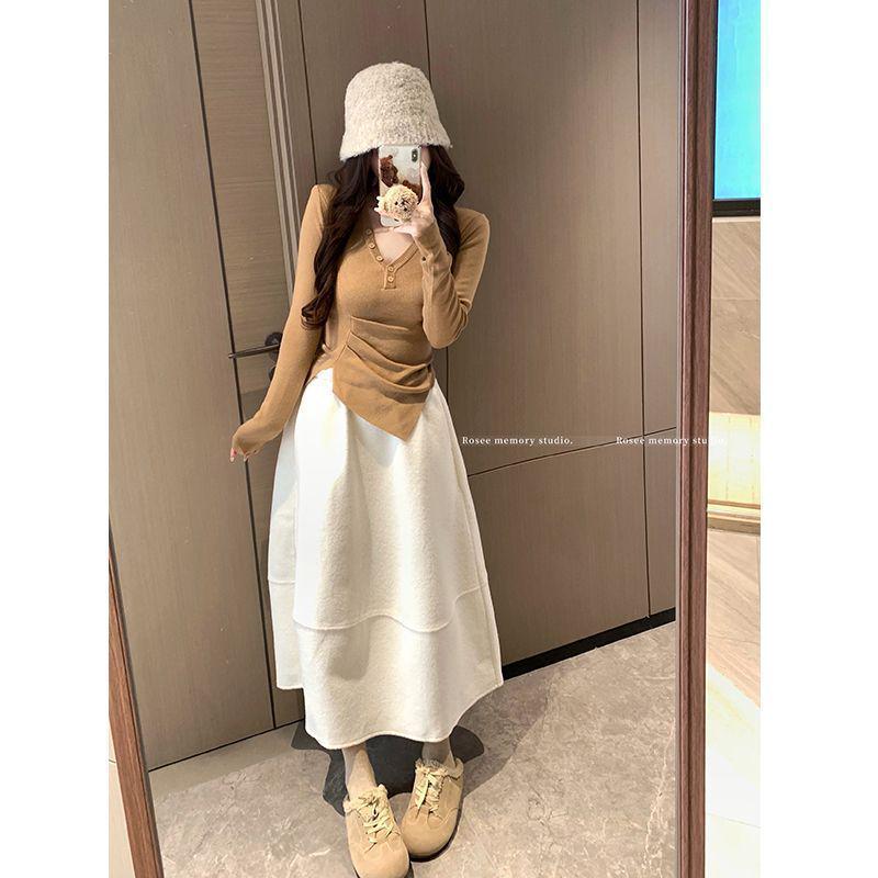 

Красная шерстяная юбка в корейском стиле с высокой талией, стройнящая, для осени/зимы XL (58-65 kg)