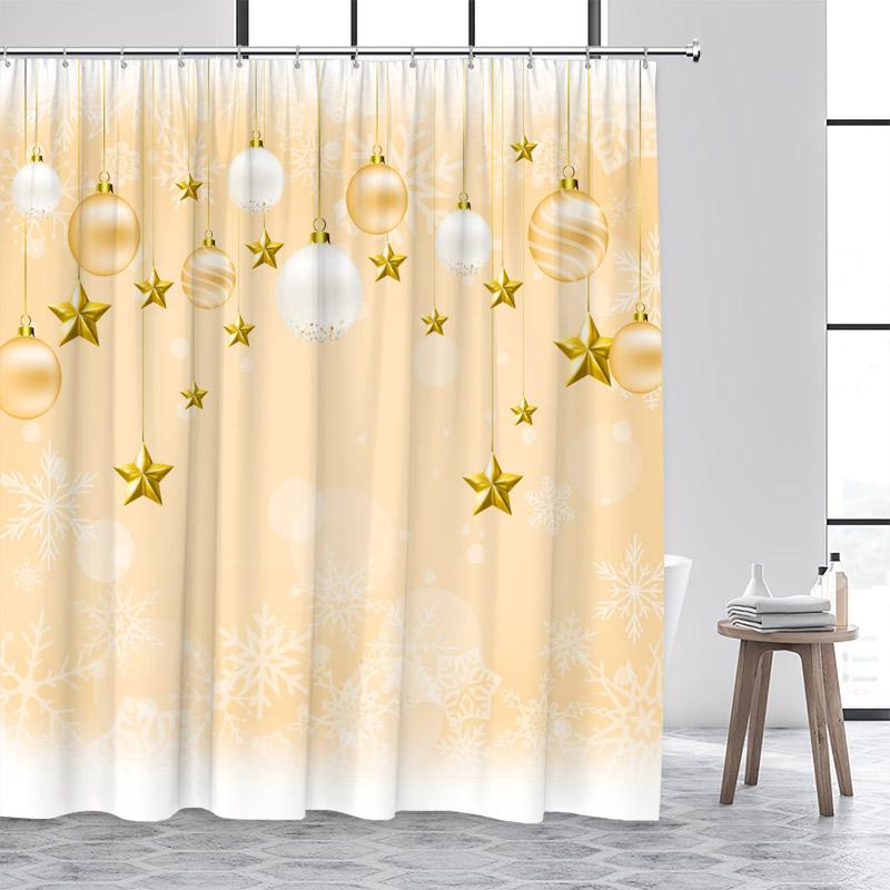 Pink Christmas Shower Curtain Xmas Balls Gold Stars Snowflakes New Year Home Bathroom Decor Bath Curtains Washable with Hooks