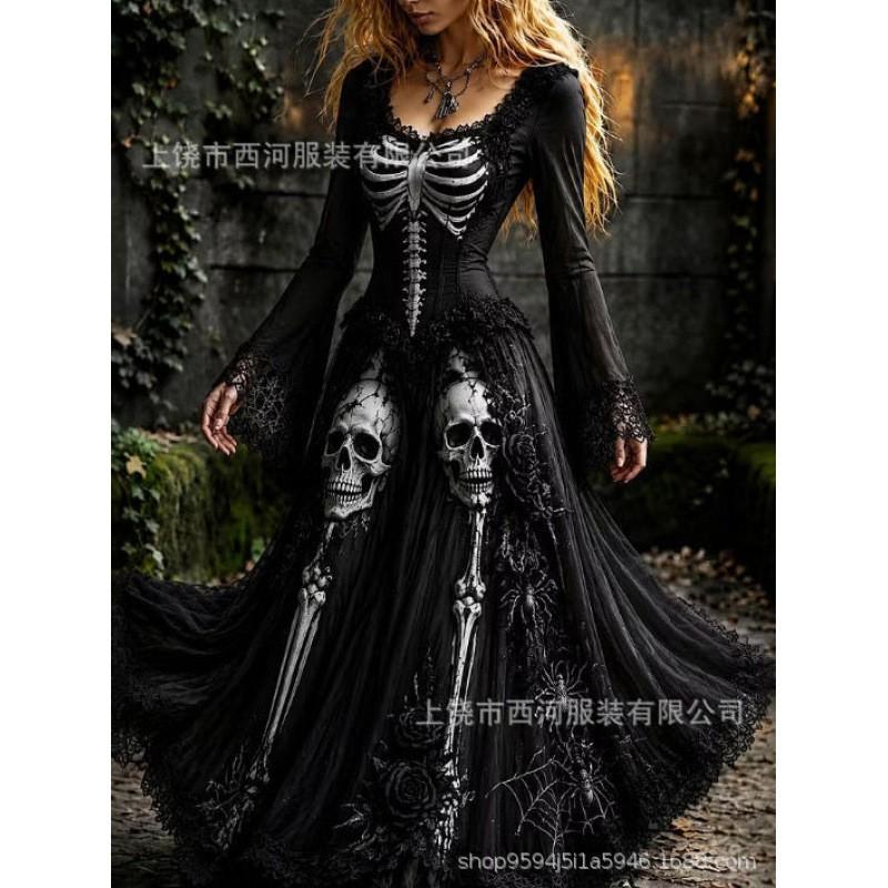 Abito Lungo da Donna con Stampa Sfumata Teschio Rosa Gotico Streetwear di Halloween