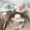 Girls Straw Hat With Pearl Bow And Mesh Wide Brim Wavy Edge Sun Protection Beach Summer Cap For Kids