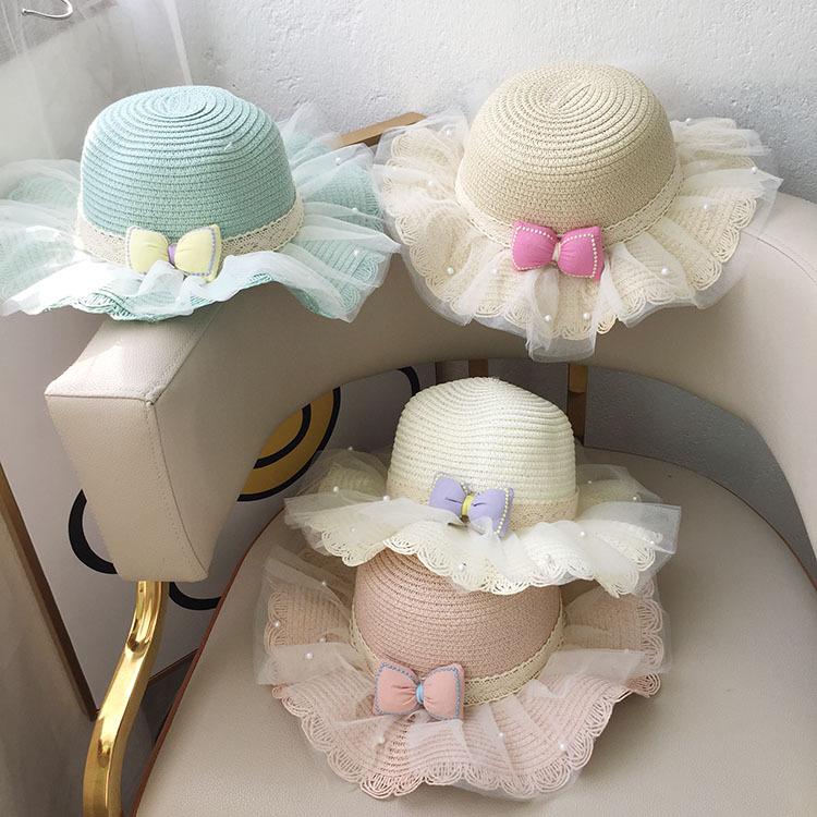 Girls Straw Hat With Pearl Bow And Mesh Wide Brim Wavy Edge Sun Protection Beach Summer Cap For Kids