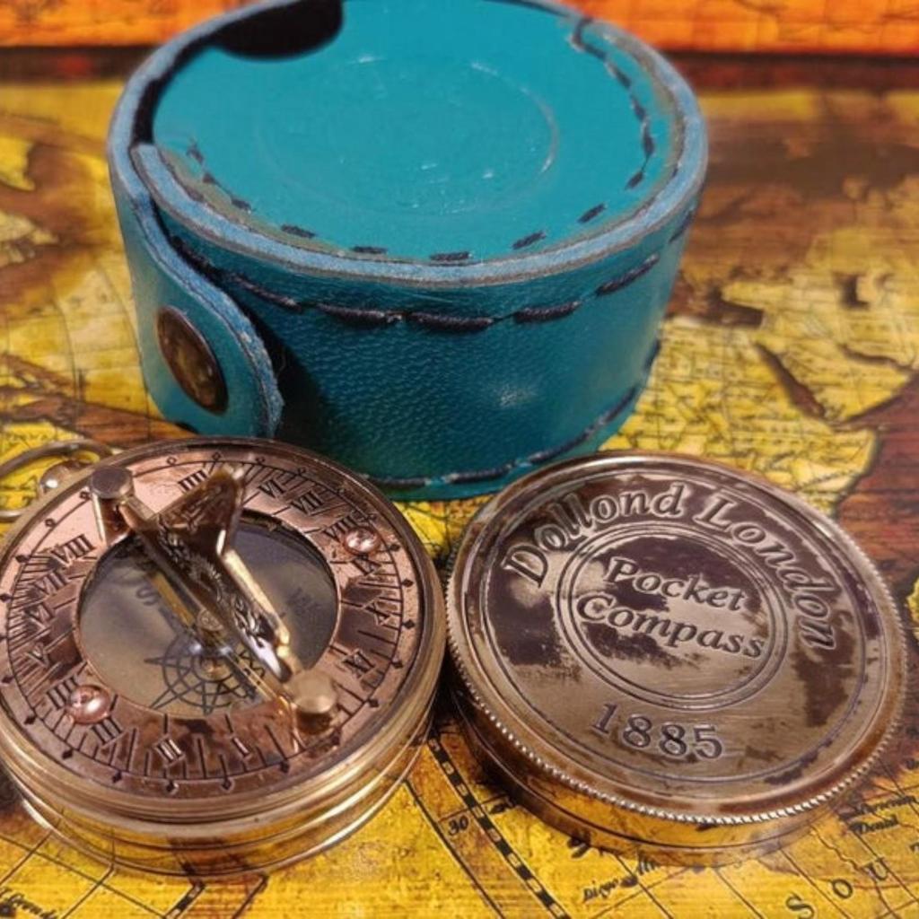 Vintage Brass Sundial Compass with Screw-On Lid - Antique Finish, Optional Chain & Leather Bag