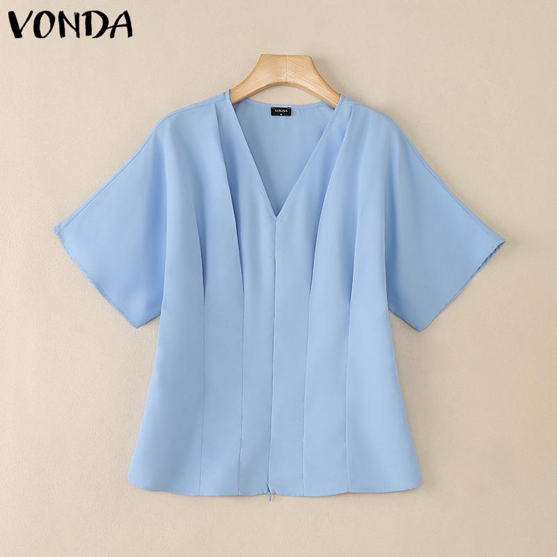 VONDA Women Girls V Collar Short Sleeve Ruffled Slim Waist Casual Blouse