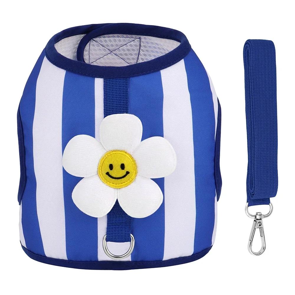 

Милый комплект шлейки и поводка для щенка с ромашкой, нейлоновая сетчатая шлейка для маленьких собак и кошек с поводком для прогулок, жилет для питомца в полоску для чихуахуа, йорки M синий