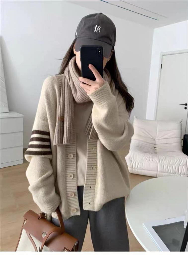 Japanese Style Age-Reducing V-Neck Color-Block Striped Knit Cardigan Sweater for Women, Autumn Winter Loose Fit