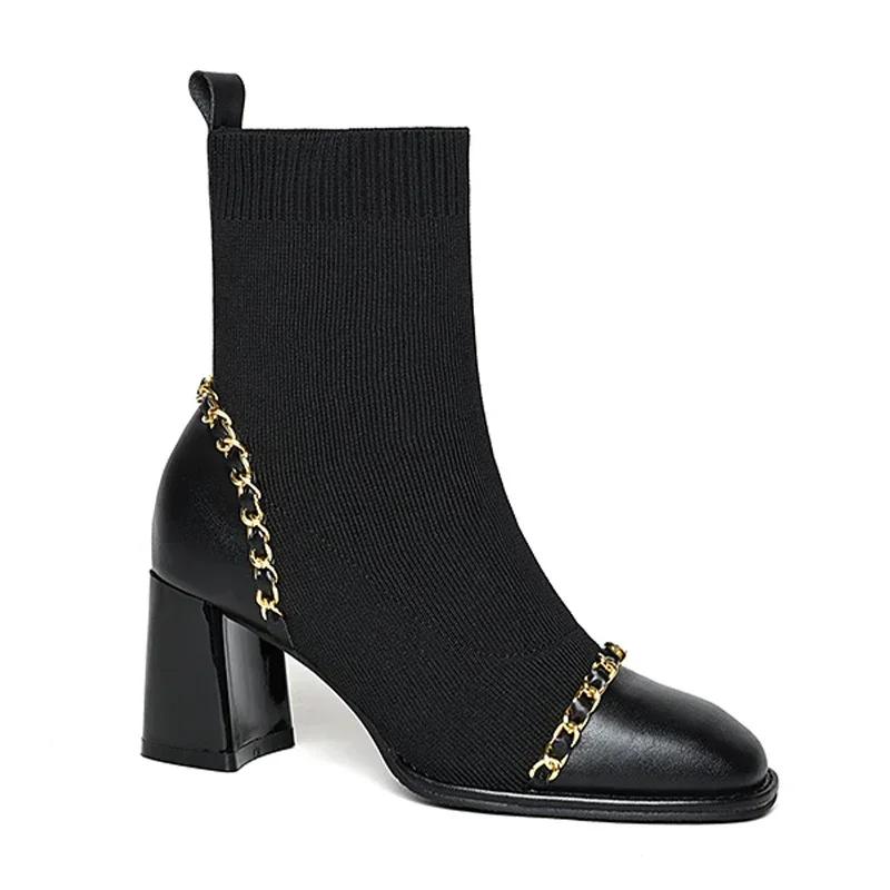 Fashion High Heels Women Snow Ankle Boots Knitting Chain Sock Boots Designer Chunky Winter Shoes Trend Gladiator Femme Chaussures