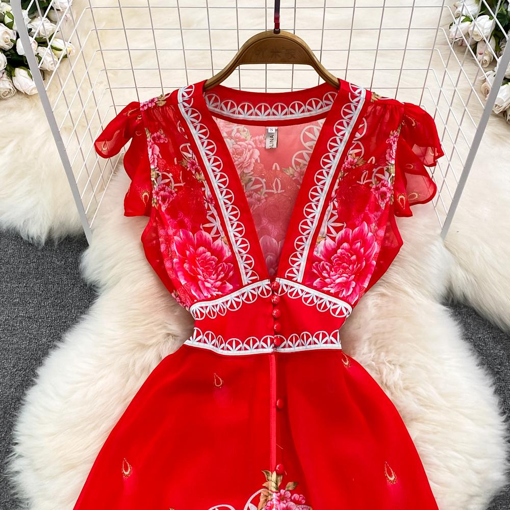 Fashion Runway Print Summer Dresses For Women Deep V Neck Flying Sleeve Single Breasted Split Long Pleated Chiffon Dresses