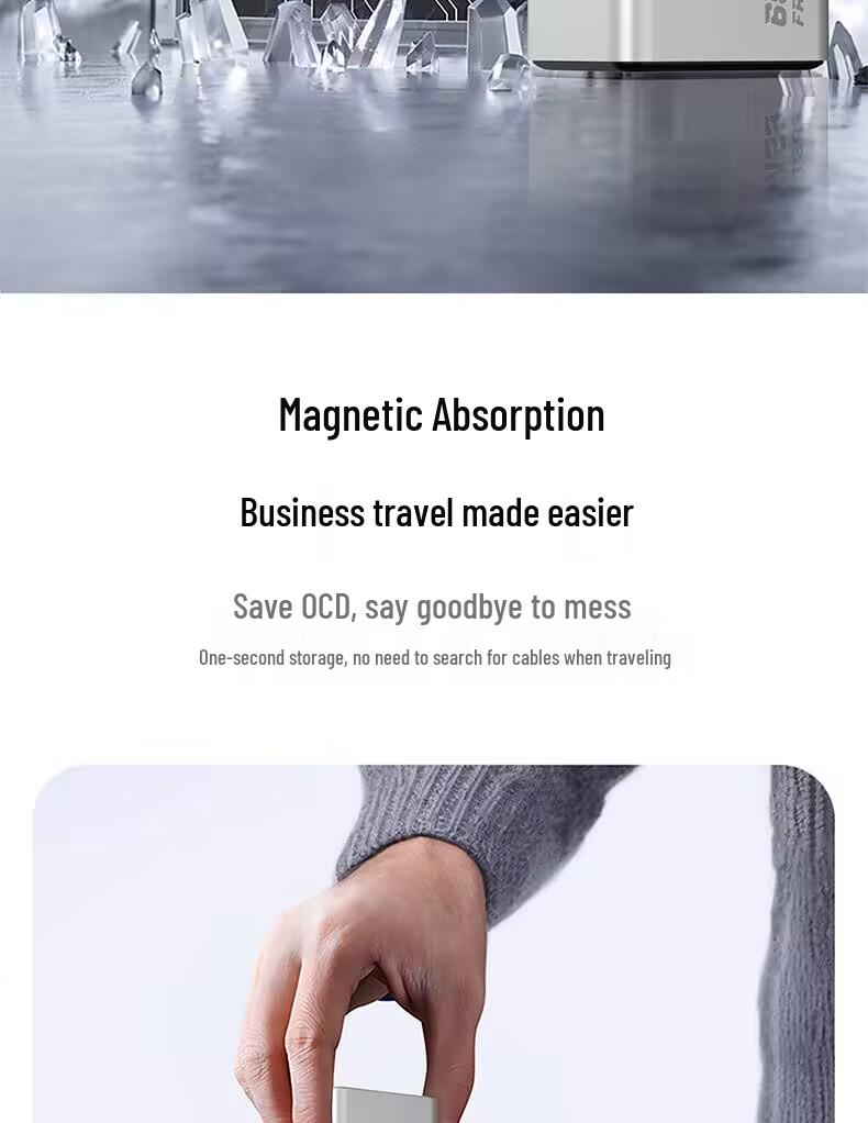 65W GaN Fast Charger with Digital Display, Retractable Type-C Cable, and Multi-Port Compatibility for Apple and Android Devices.