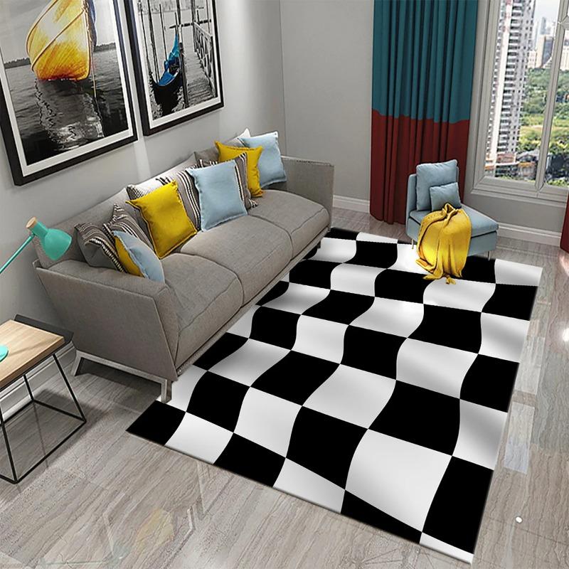 Modern Checkerboard Area Rugs Red Green Blue Colors Wave Pattern Design for Contemporary Living Room Decor