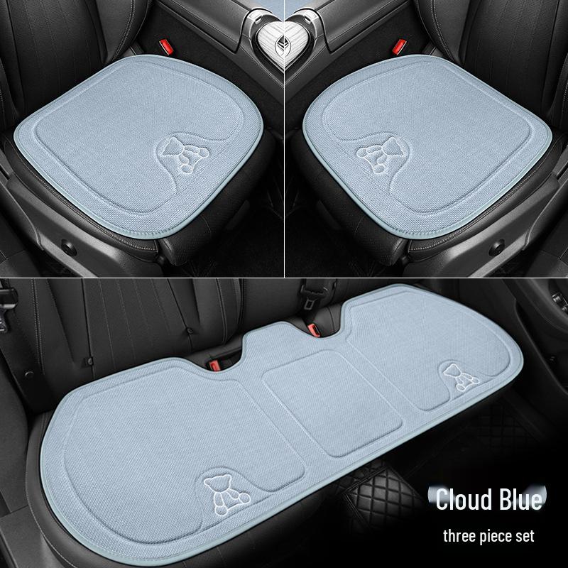 Four Seasons Universal Linen Car Seat Cushion - Cartoon Bear, Breathable, Half-Wrap Rear Seat Cover