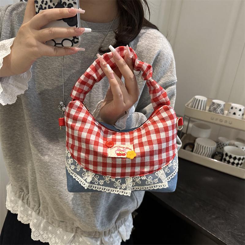 Sweet plaid handbag female foreign girl versatile shoulder bag fashionable small fresh lace messenger bag