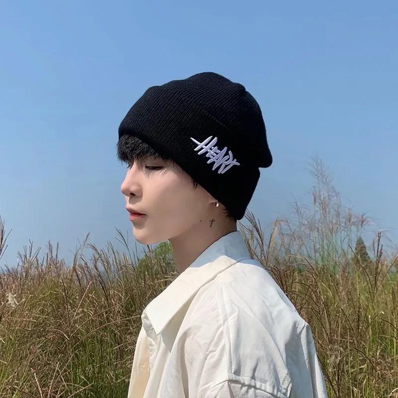 Natural NewStylish Korean Style Knitted Cap with HE Emblem - Ideal for Couples During Cold Season
