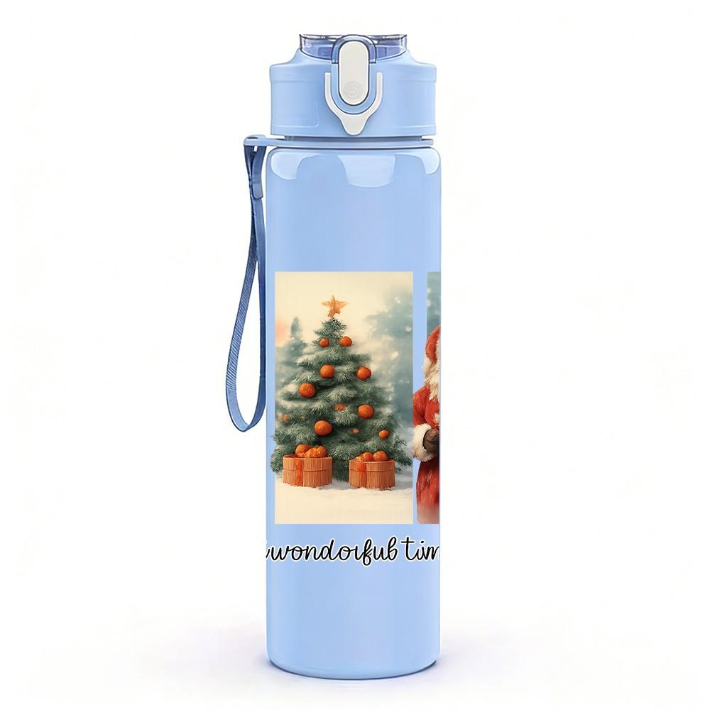 1PC Christmas Santa Snowman Scene 750ml Color Plastic Sports Water Bottle Leakproof Flip Straw Lid Suitable for Sports Office Home Use