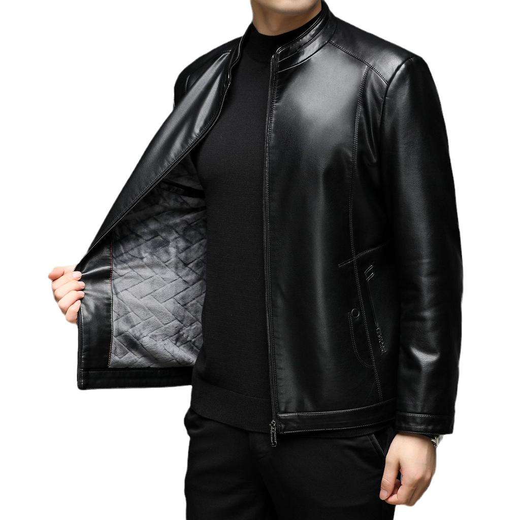 Autumn and winter men's leather jacket business casual stand-up collar zipper PU leather jacket fleece thickened leather jacket