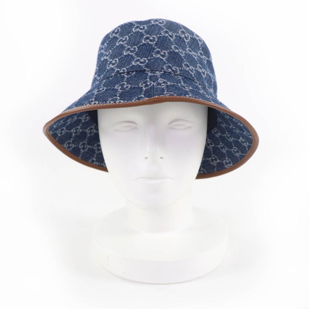Pristine GUCCI hat GG Jacquard Lamb Leather Denim Bucket Hat Women L 816543 Used