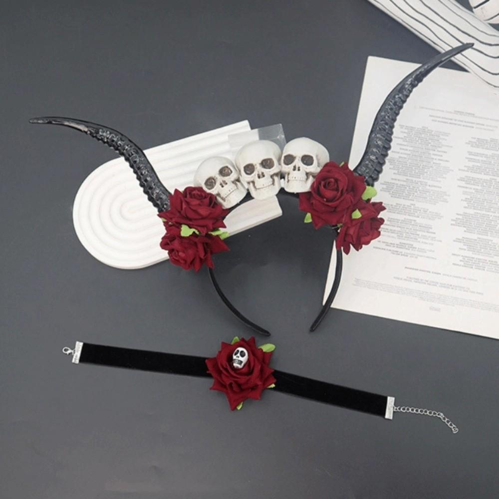 Skull Sheep Horn Hairband Halloween Red Rose Headband Flower Crown Ox Horns Headband  Festival Wear
