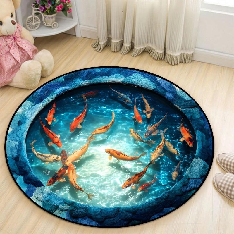 2D Printe Koi Pond Round Rug Floor Mat Door Mat Entrance Play Room Kids Room Living Room Mat for Home Decoration