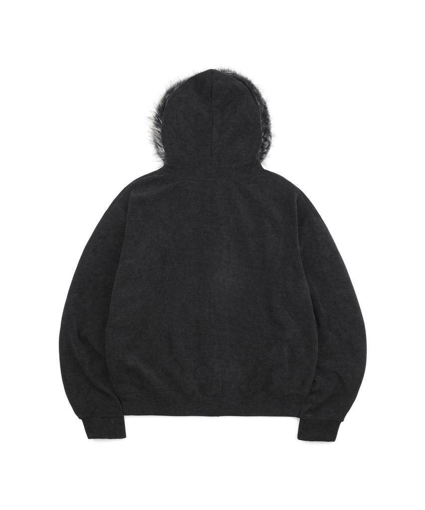 Easy No Easy Ribbed Knit Fur Zip-Up Hoodie - Black