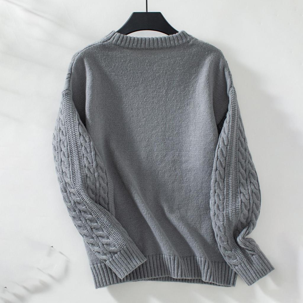 Autumn Winter Vintage Loose Long Sleeve Top Solid Color Cardigan Knitwear O-Neck Sweater