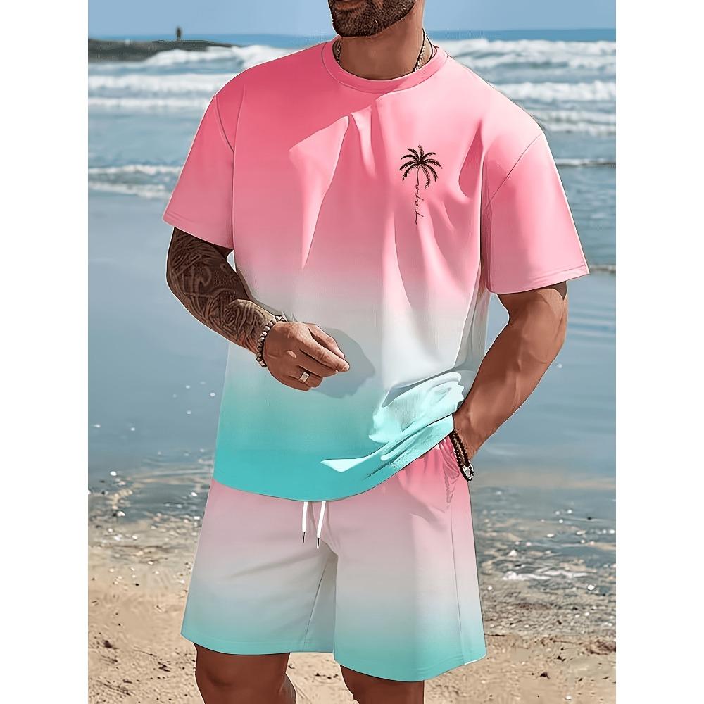 Summer Men'S Casual Athletic Outfit, Hawaiian Style Gradient Design, Round Neck Short Sleeve T-Shirt And Elastic Waist Shorts
