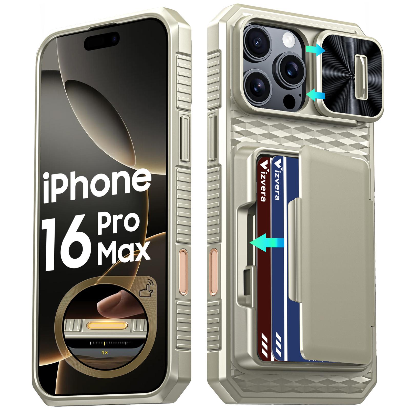 With Card Holder Sliding Camera Cover And Stand For iPhone 16E / iPhone 17E Phone Case, Anti-Fall PC+TPU Wallet Case-Champagne шампанского