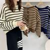 Back Slit Retro Short Section Round Neck Pullover Striped Sweater Female Thick Section Loose Round Neck Knitted Bottoming Shirt Outer Wear
