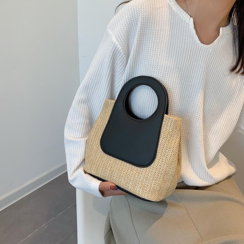 

Vintage Color Patchwork Straw Bag Large Capacity Hand-woven Bag Simple Fashion Shoulder Handbag